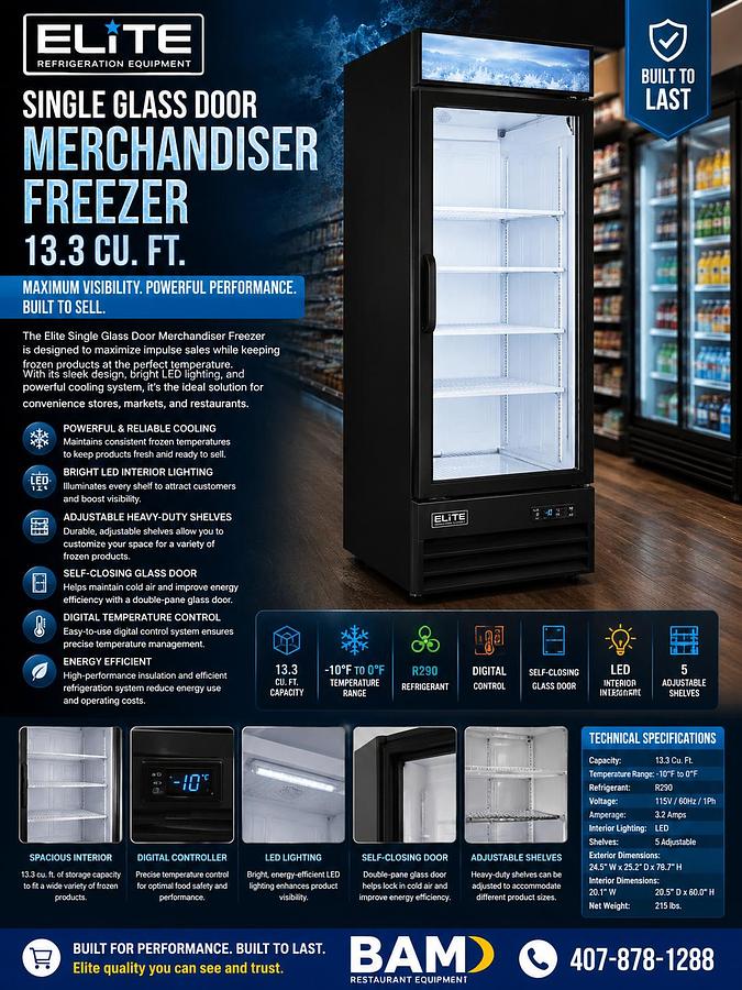 Elite Single Glass Door Merchandiser Freezer 13.3 CF