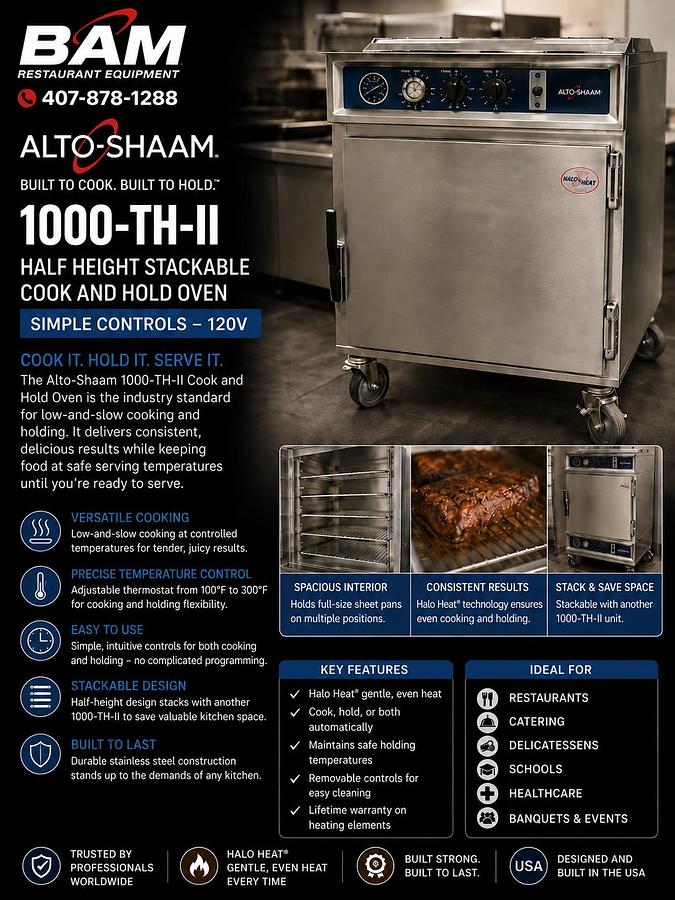 Used Alto-Shaam 1000-TH-II Half Height Stackable Cook and Hold Oven with Simple Controls - 120VAlto-Shaam 1000-TH-II Half Height Stackable Cook and Hold Oven with Simple Controls - 120V