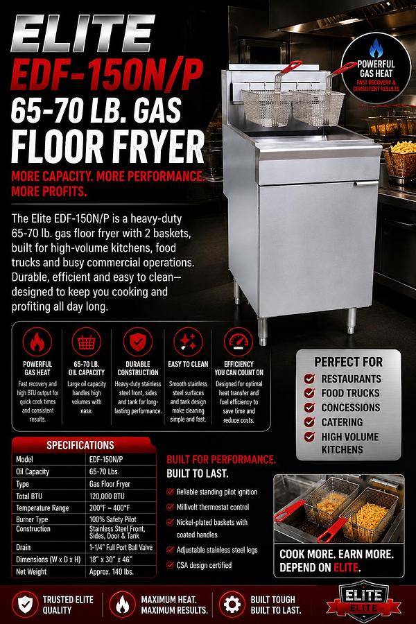 ELITE EDF-150N/P 65-70 Lb. Floor Fryer , 2 Baskets