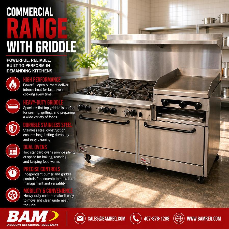 Used Commercial 6 Burner Range with 24" Griddle & Dual Standard Ovens – Natural Gas – Stainless Steel