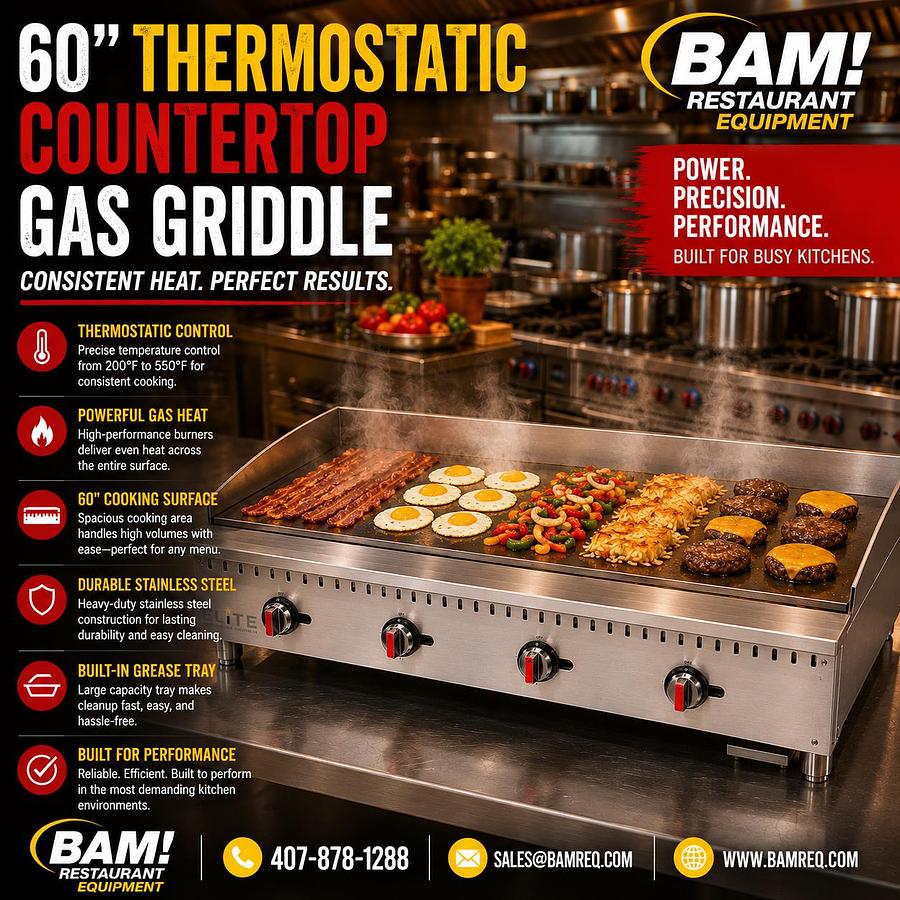 ELITE ETFG-60 Thermostatic Countertop Gas Griddle, 60" | 120,000 BTU