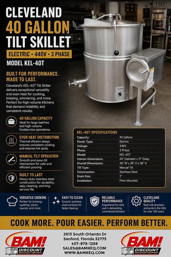 Used Cleveland KEL-40-T 40 Gallon Electric Tilting Steam Jacketed Kettle