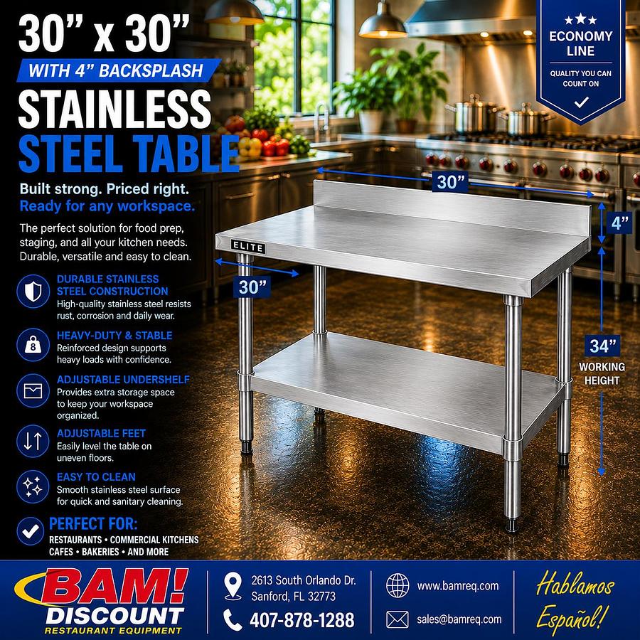 30”x 30” 4" Backsplash Stainless Steel Table