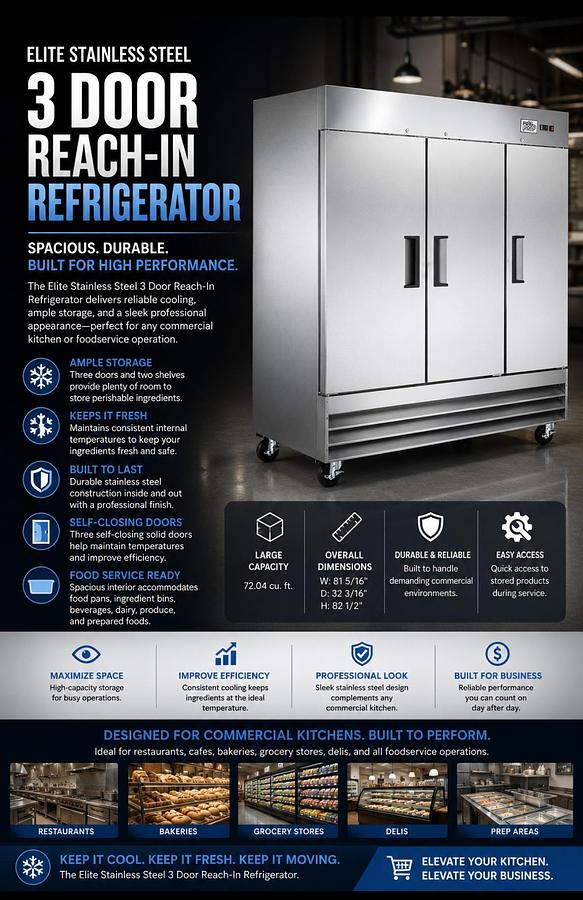 Elite Stainless Steel Solid Three Door Reach-In Refrigerator