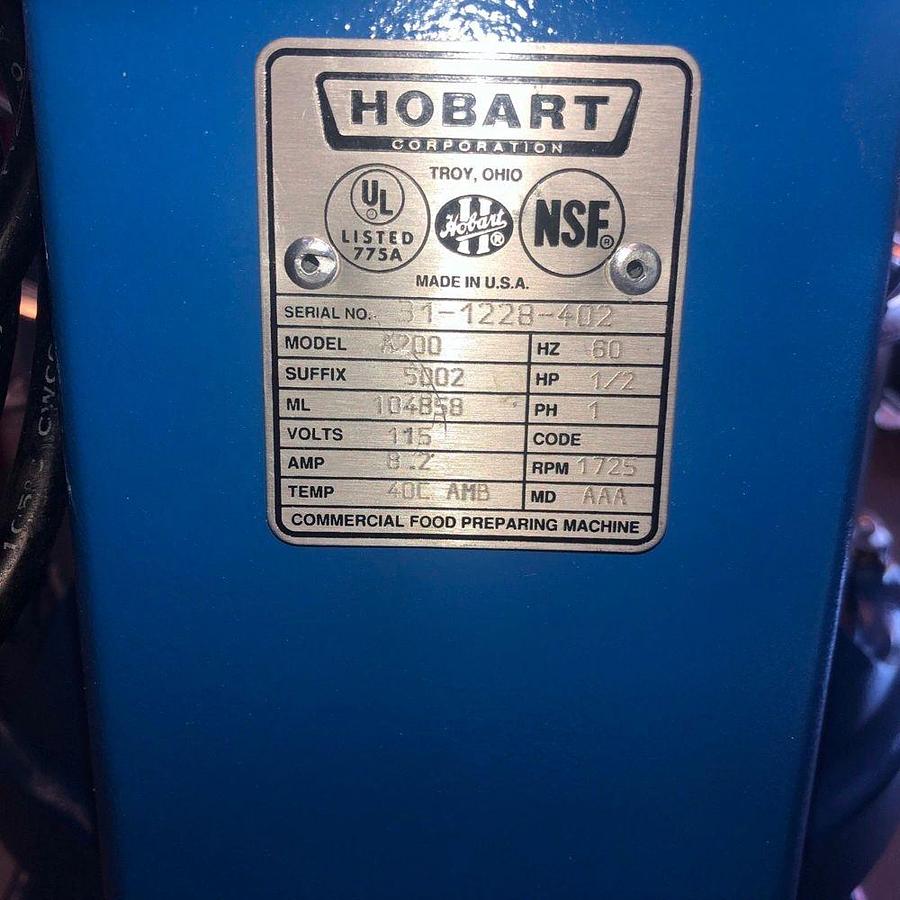 Used HOBART A 200 20 QT Mixer Includes Guard, Bowl & Pattle Hook & Whip 115VHOBART A 200 20 QT Mixer Includes Guard, Bowl & Pattle Hook & Whip 115V