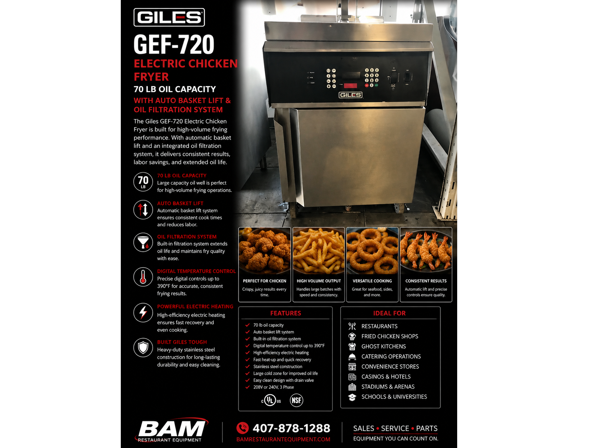 Used 70 LB Giles GEF-720- Electric Chicken Fryer with Auto Basket Lift and Oil Filtration System