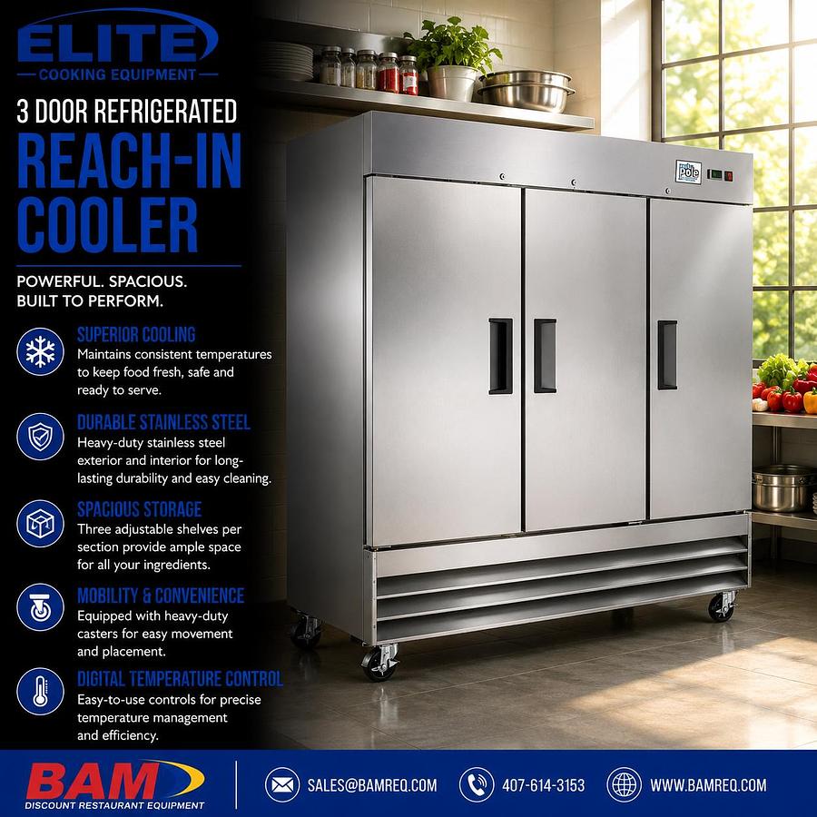 Elite Stainless Steel Solid Three Door Reach-In Refrigerator