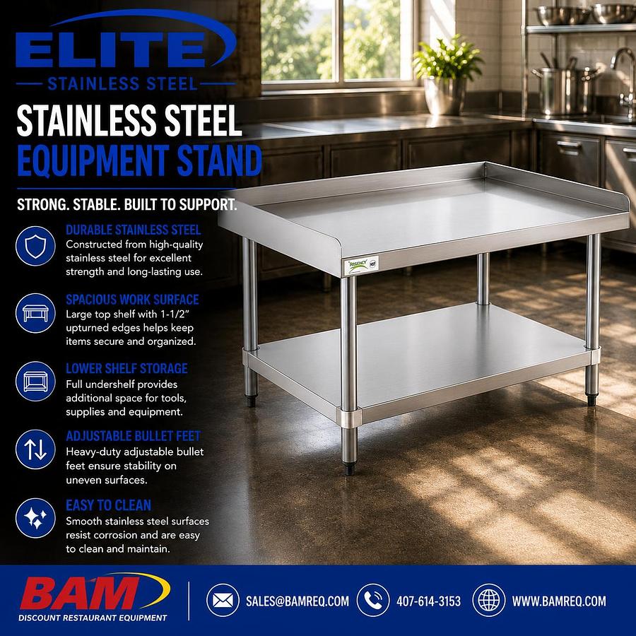 24"x 48" Stainless Steel Equipment Stand with Galvanized Undershelf 2" backsplash