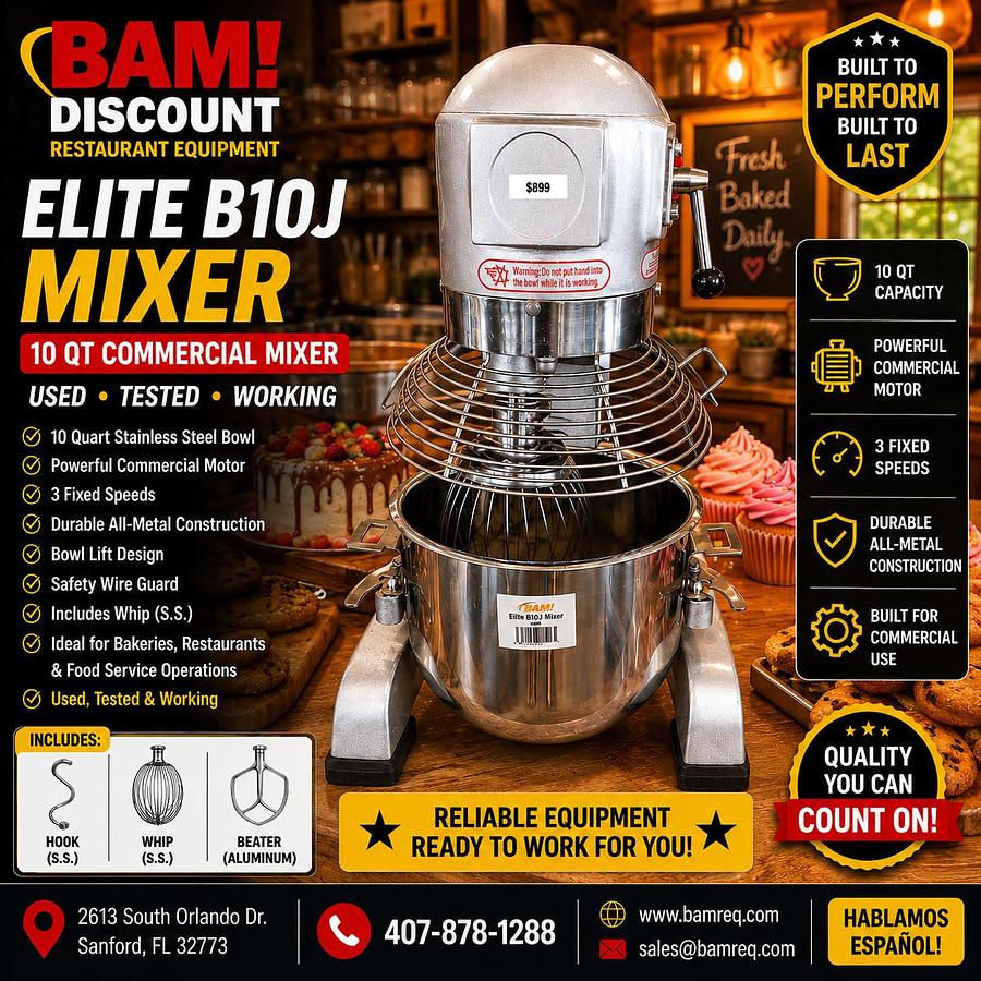 Used Elite B10J 10 Qt Commercial Planetary Mixer w/ Bowl, Hook, Whip & Paddle