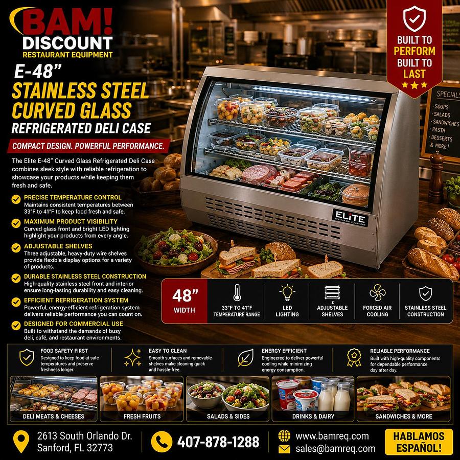 Elite - E- 48" Stainless Steal Curved Glass Refrigerated Deli Case