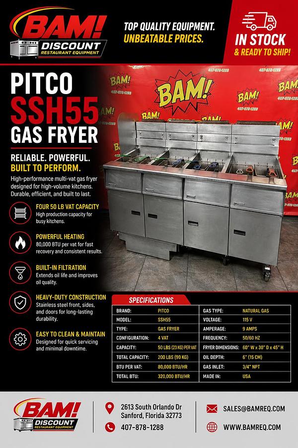 Used Pitco SSH55 Commercial Gas Fryer Battery