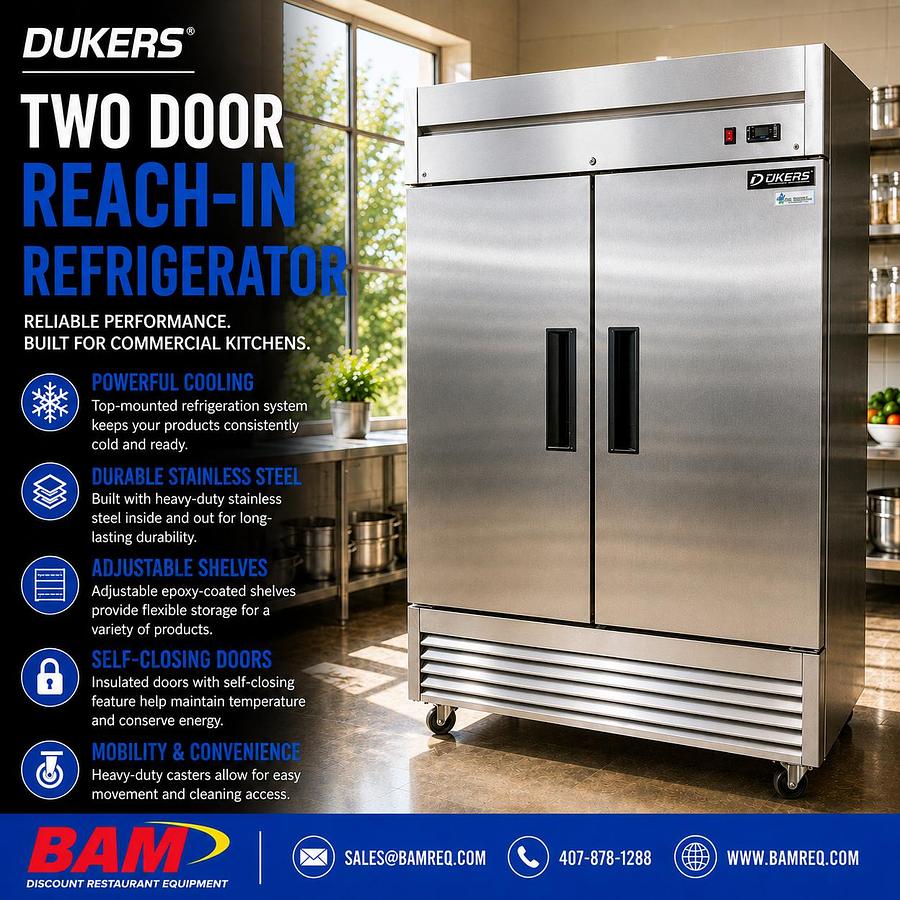 Used Dukers Two Door Reach-In Refrigerator – Commercial Upright Refrigerator – Stainless Steel – 115V