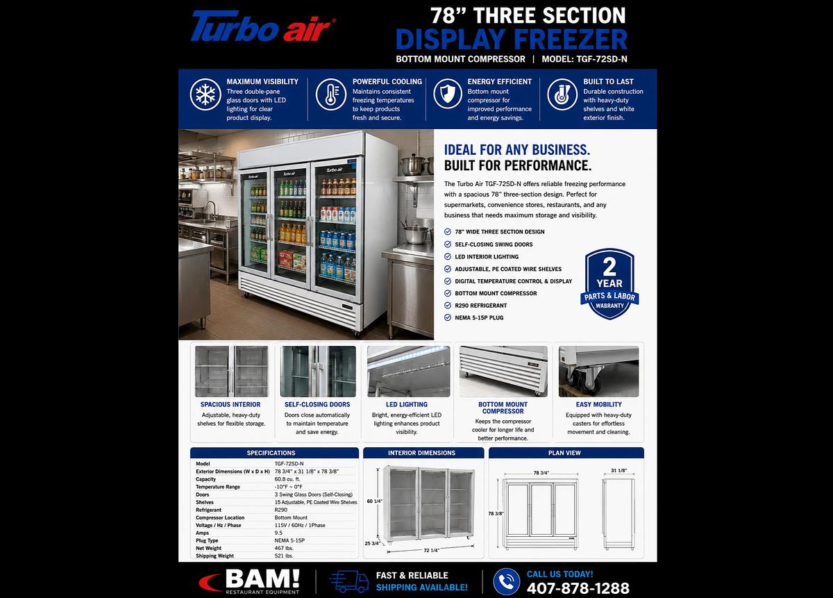 Used Turbo Air TGF-72SD-N 78” Three Section Display Freezer w/ Swing Doors - Bottom Mount Compressor, White, 115vTurbo Air TGF-72SD-N 78” Three Section Display Freezer w/ Swing Doors - Bottom Mount Compressor, White, 115v