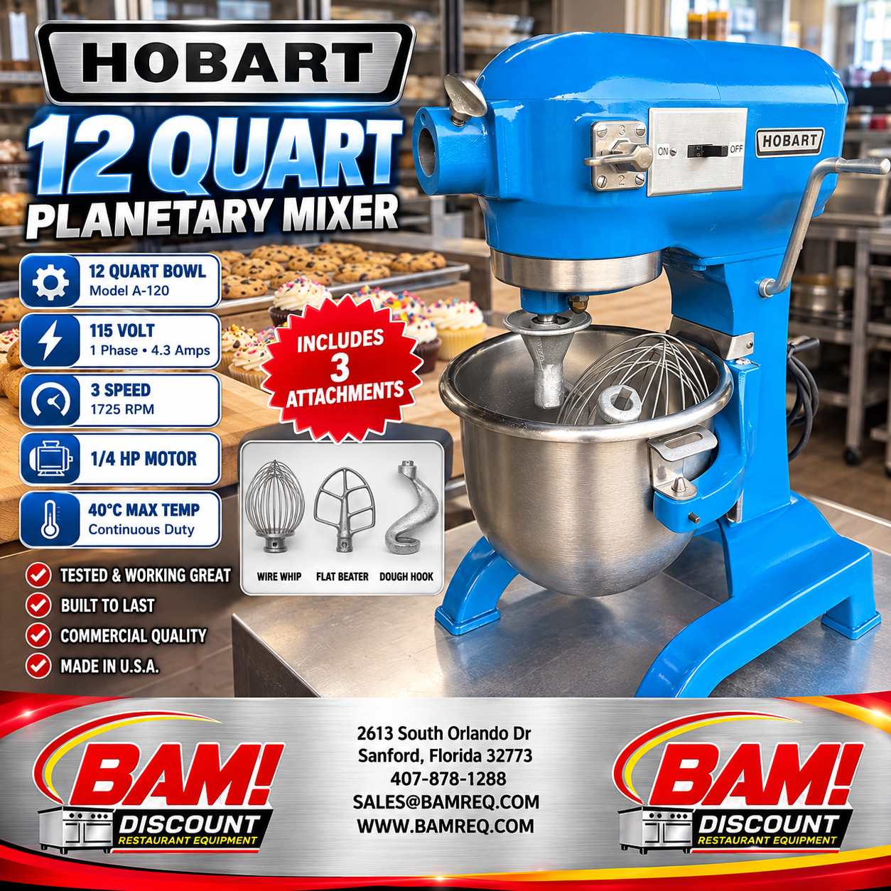 Refurbished Hobart A-120 12 Qt Commercial Planetary Mixer 115V 3 Speed w/ 3 Attachments