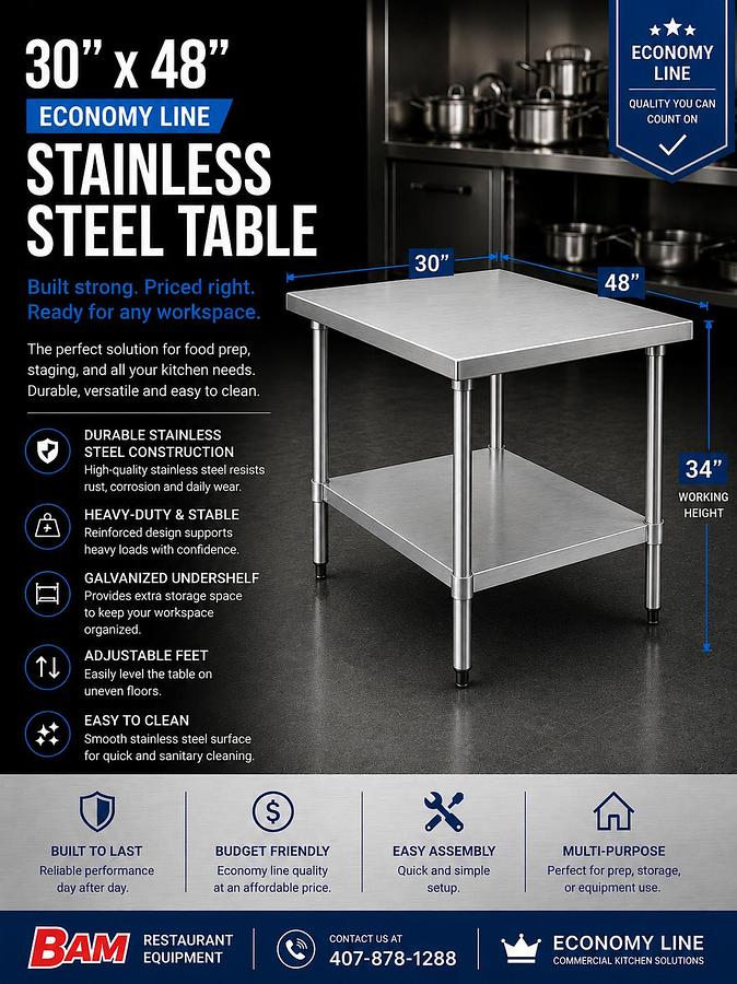 30"x48" Economy Line Stainless Steel Table