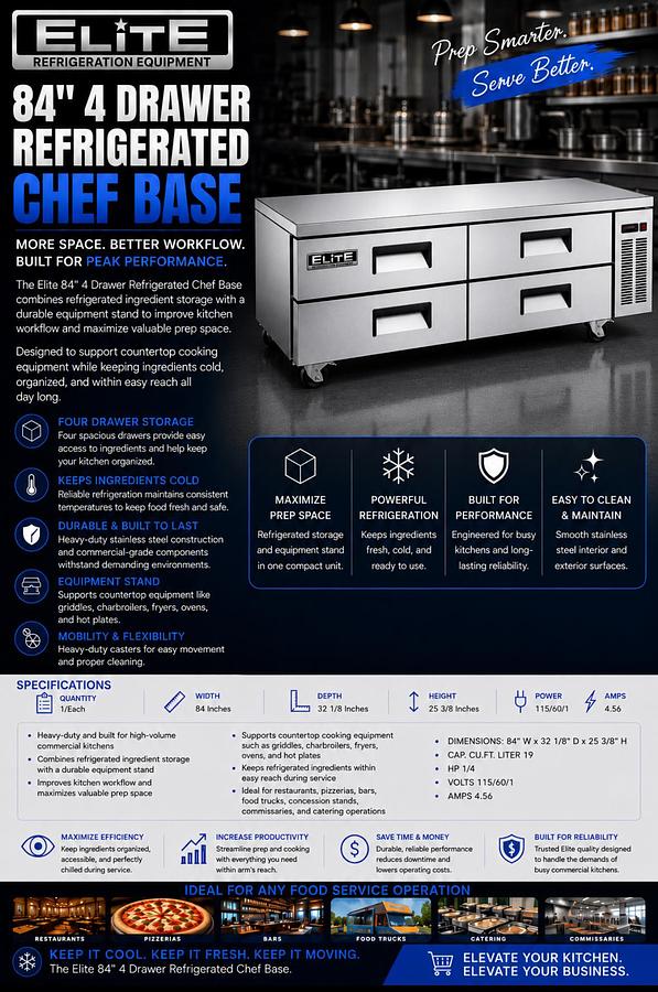 Elite 84″ 4 Drawer Refrigerated Chef Base