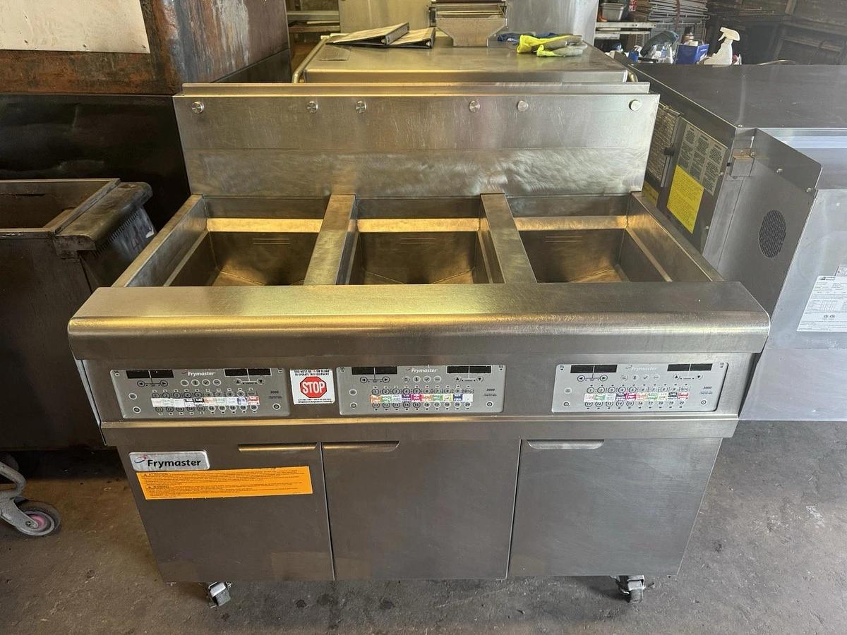 Used Frymaster 3 BAY Fryer, Natural Gas, Filtration System- Working Condition