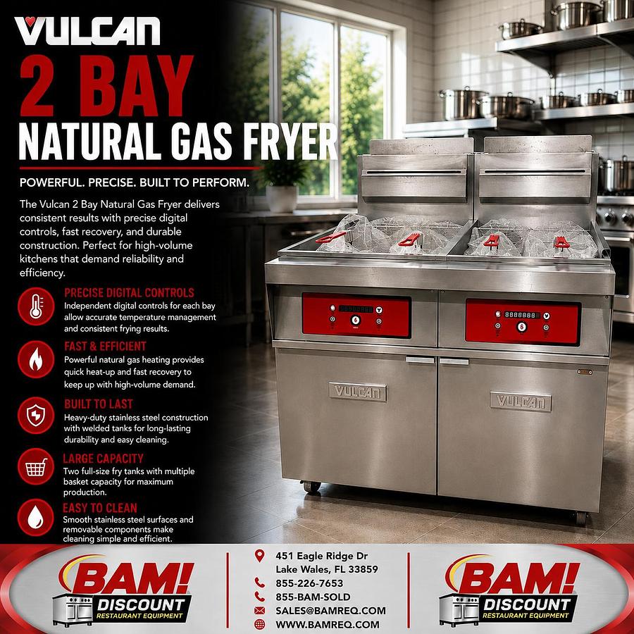 Refurbished Vulcan 2 Bay Commercial Gas Fryer Dual Vat Digital Controls Heavy Duty