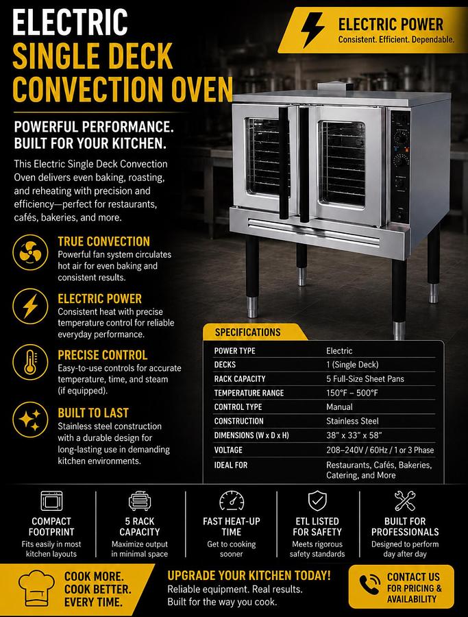 Elite ECE-200-Single Deck Standard Depth Full Size Electric Convection Oven - 208V- 60Hz 1 Phase, 9 kW