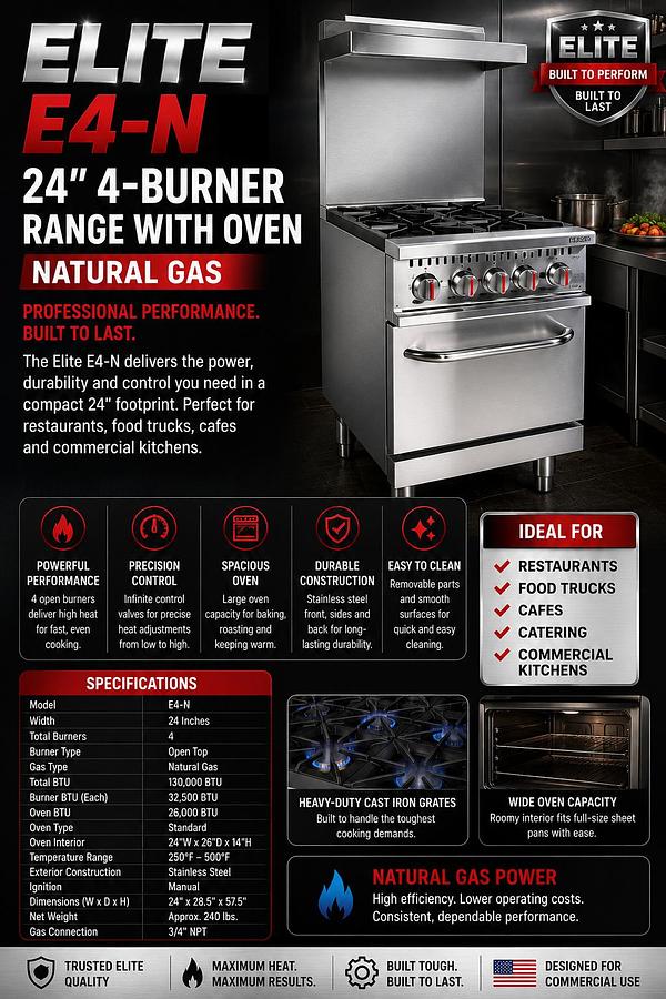 ELITE E4-N 24" 4-Burner Range with Oven | Natural Gas