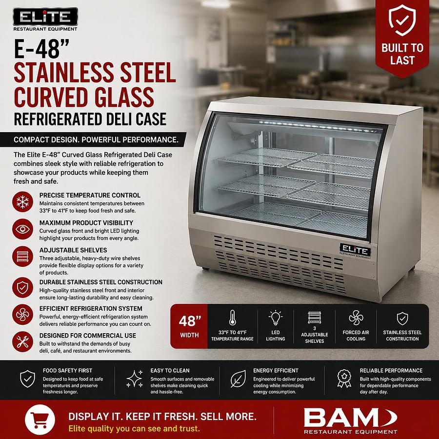 Elite - E- 48" Stainless Steal Curved Glass Refrigerated Deli Case