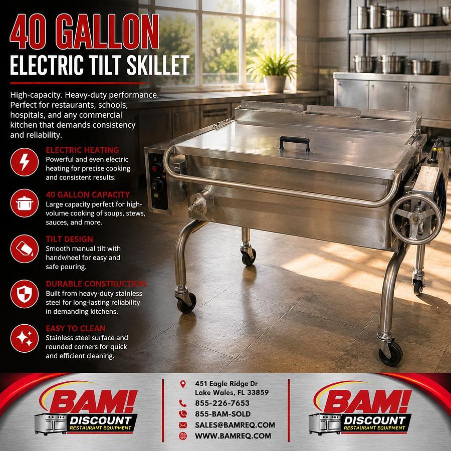 Refurbished 40 Gallon Commercial Electric Tilt Skillet Braising Pan Stainless Steel