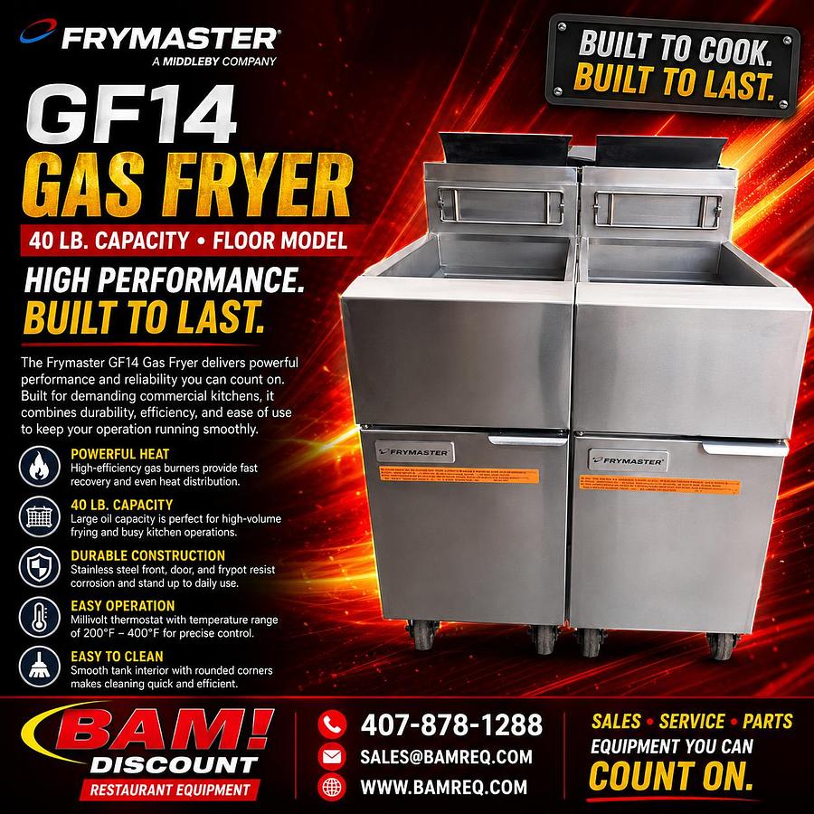 Used Frymaster GF14 Gas Fryer – (1) 40 lb Vat, Floor Model