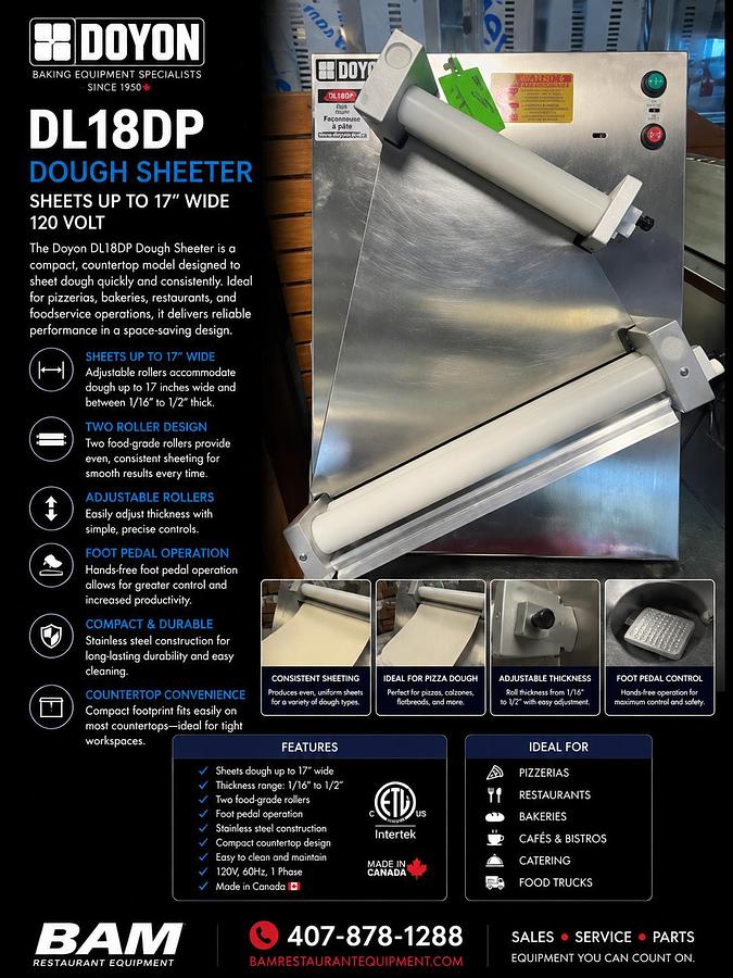 Used Used: Doyon DL18DP Dough Sheeter w/ 2 Rollers for Sheets Up To 17” W, 120v