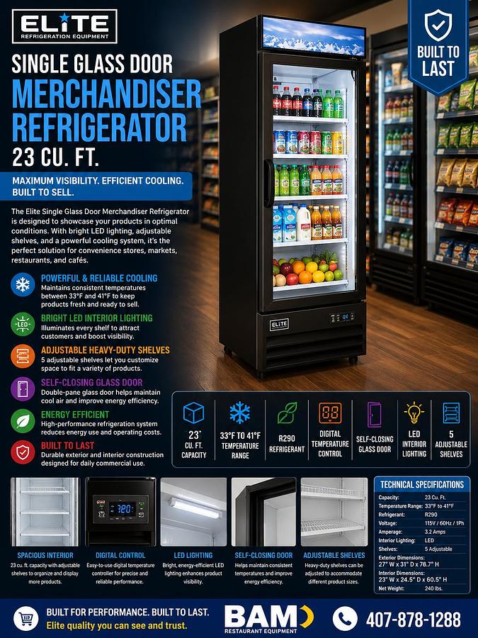 Elite Single Glass Door Merchandiser Refrigerator 23 CF