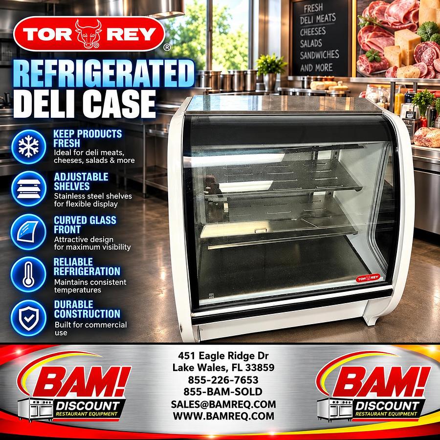 Refurbished Tor Rey Refrigerated Deli Display Case Curved Glass Commercial Merchandiser