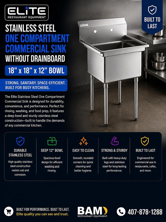 Elite Stainless Steel One Compartment Commercial Sink without Drainboard