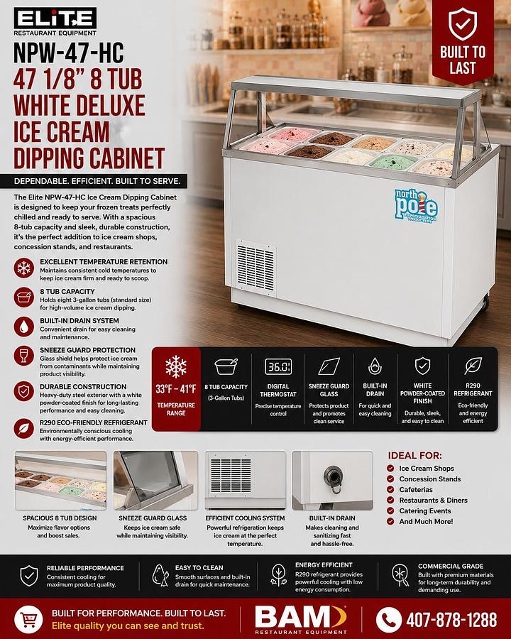 Elite NPW-47-HC 47 1/8" 8 Tub White Deluxe Ice Cream Dipping Cabinet