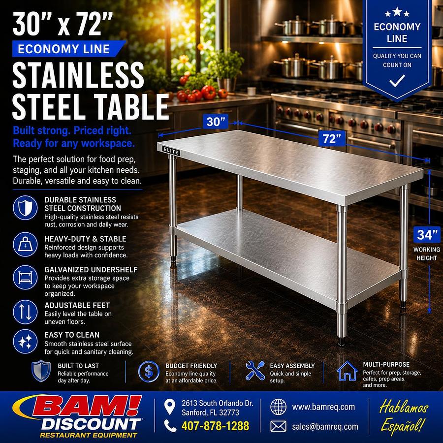 30"x72" Economy Line Stainless Steel Table