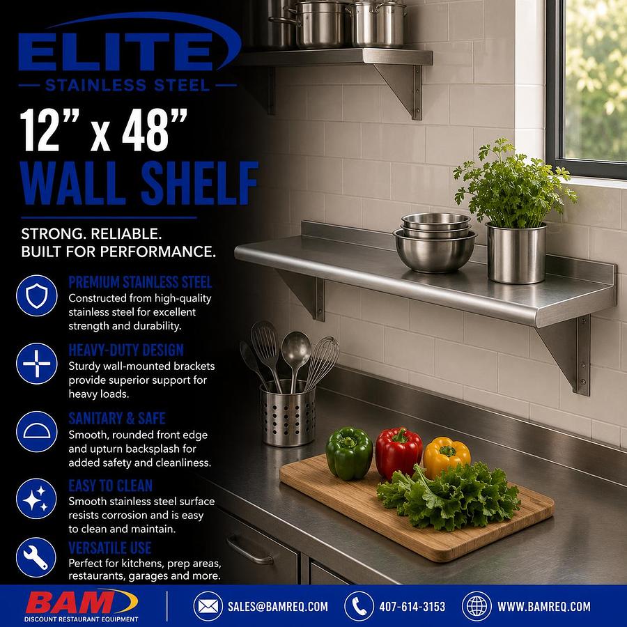 Elite Stainless Steel Wall-Mount Shelf 12"x 48''