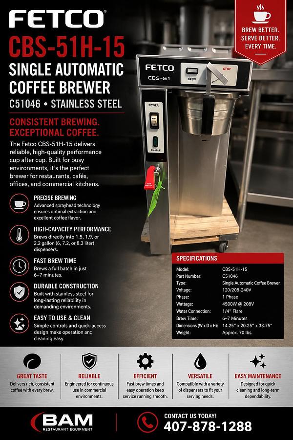 Used Fetco CBS-51H-15 C51046 Stainless Steel Single Automatic Coffee Brewer - 120/208-240VFetco CBS-51H-15 C51046 Stainless Steel Single Automatic Coffee Brewer - 120/208-240V