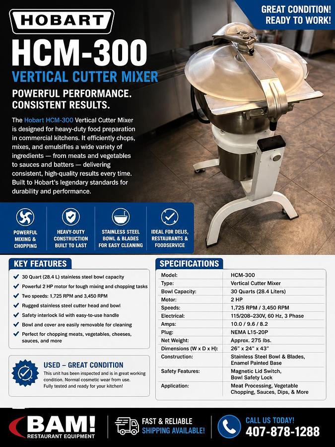 Used Hobart HCM-300 Vertical Cutter Mixer, Used Great ConditionHobart HCM-300 Vertical Cutter Mixer, Used Great Condition