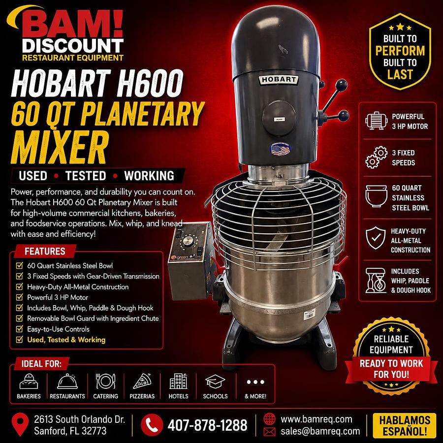 Used Hobart H600 60 Qt Commercial Planetary Mixer w/ Bowl Guard & Attachments