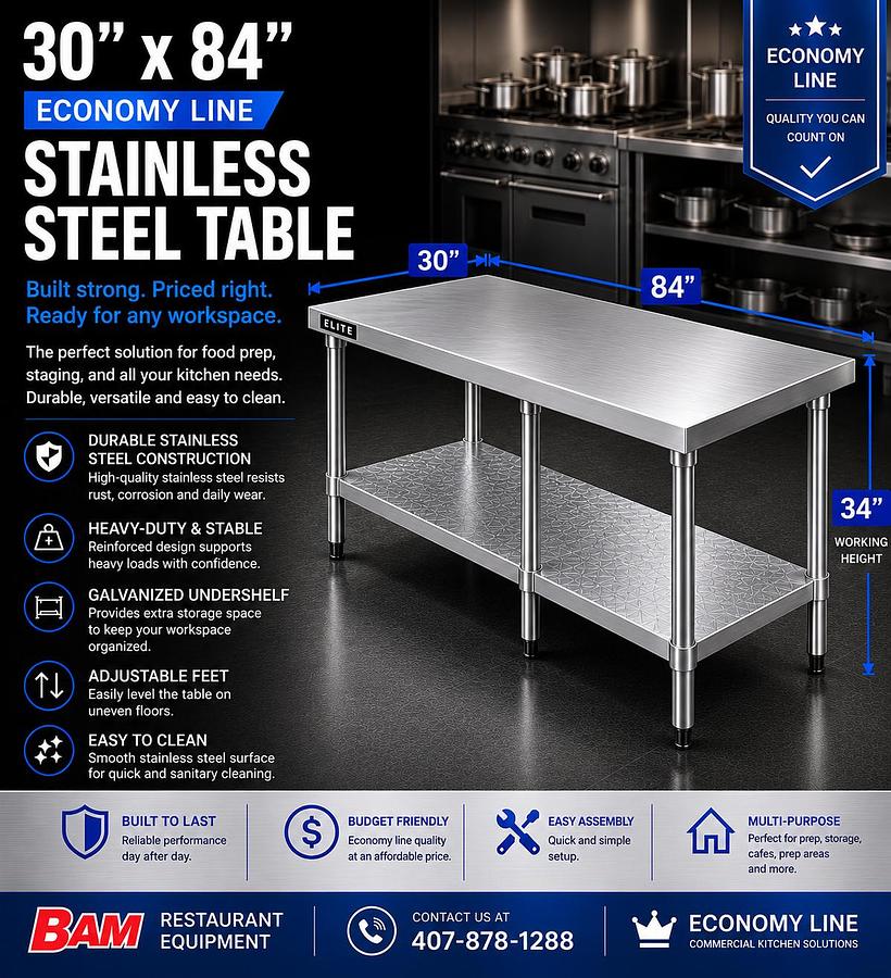 30"x84" Economy Line Stainless Steel Table