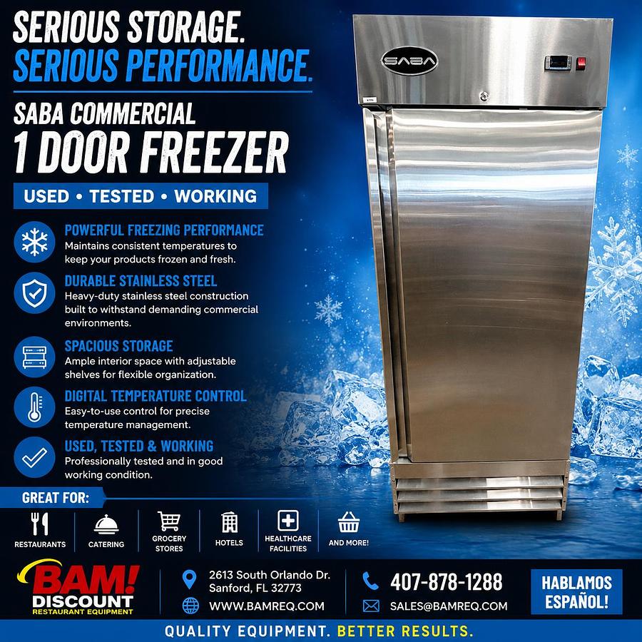 Used SABA Commercial 1 Door Reach-In Freezer Stainless Steel Tested Working