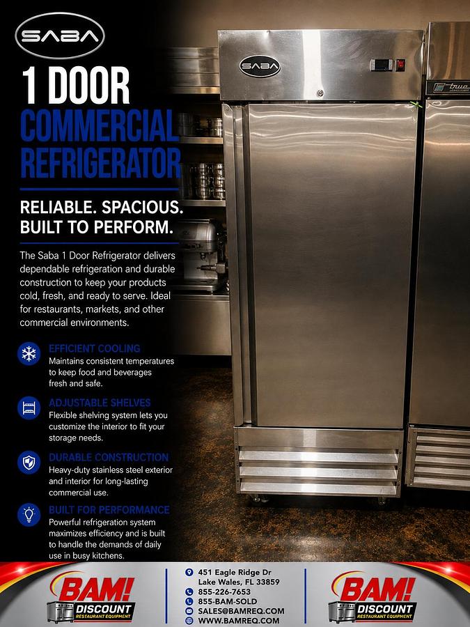 Refurbished SABA 1 Door Commercial Reach-In Refrigerator Stainless Steel Restaurant Cooler