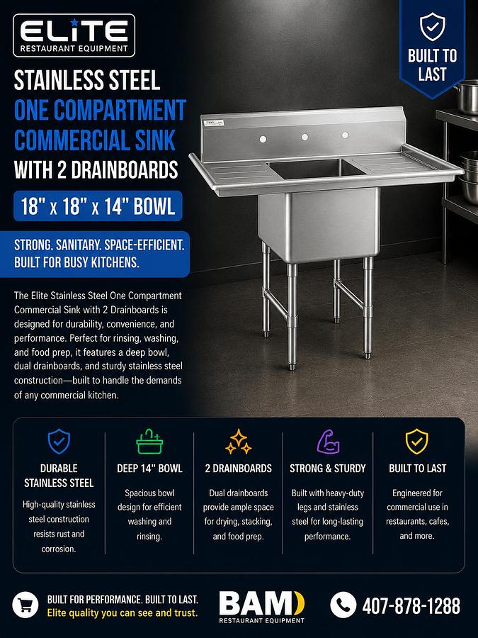 Elite Stainless Steel One Compartment Commercial Sink with 2 Drainboards - 18" x 18" x 14" Bowl
