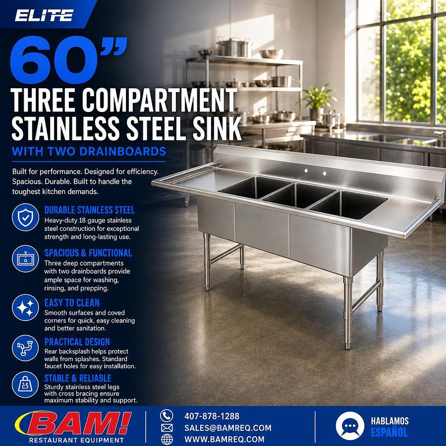 Elite 60” Three Compartment Stainless Steel Sink With Two Drainboards