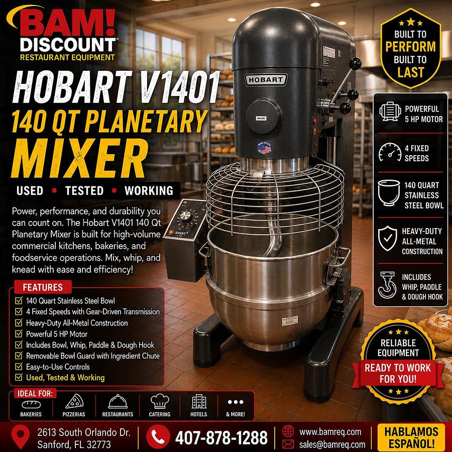 Used Hobart V1401 140 Qt Commercial Planetary Mixer w/ Bowl Guard & Attachments