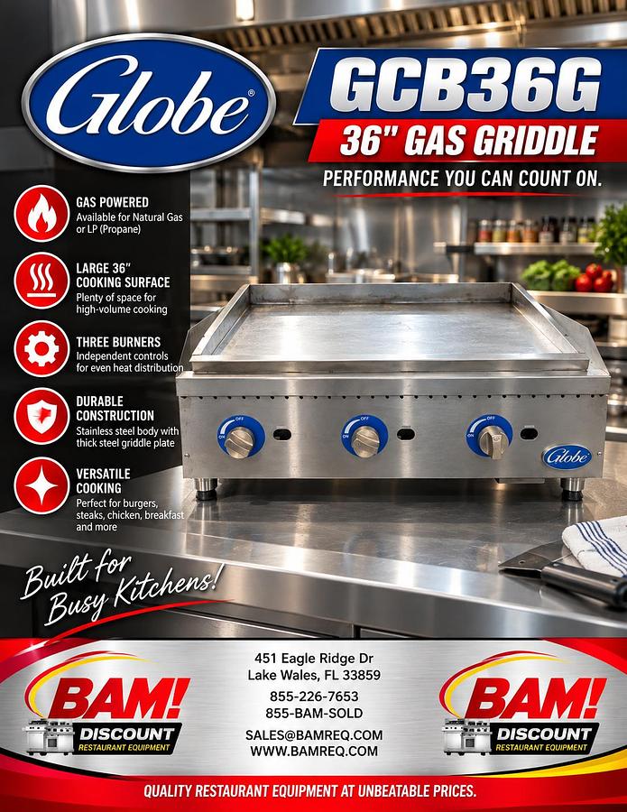 Refurbished Globe GCB36G 36” Commercial Gas Griddle – Natural Gas / Propane