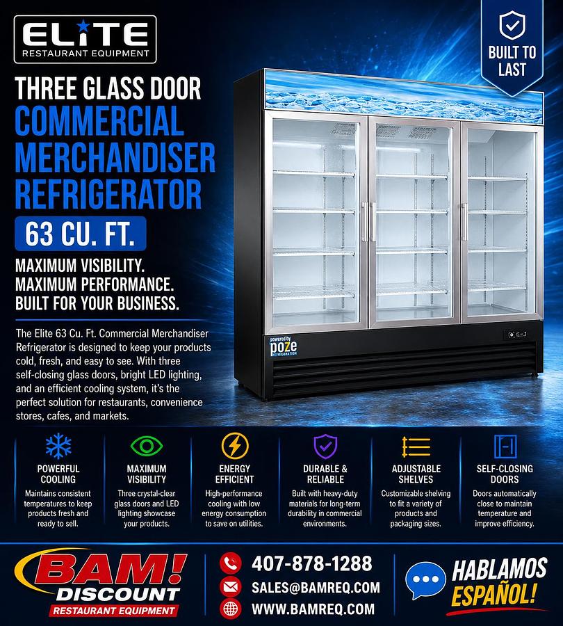 Elite Three Glass Door Commercial Merchandiser Refrigerator – 63 Cu. Ft.