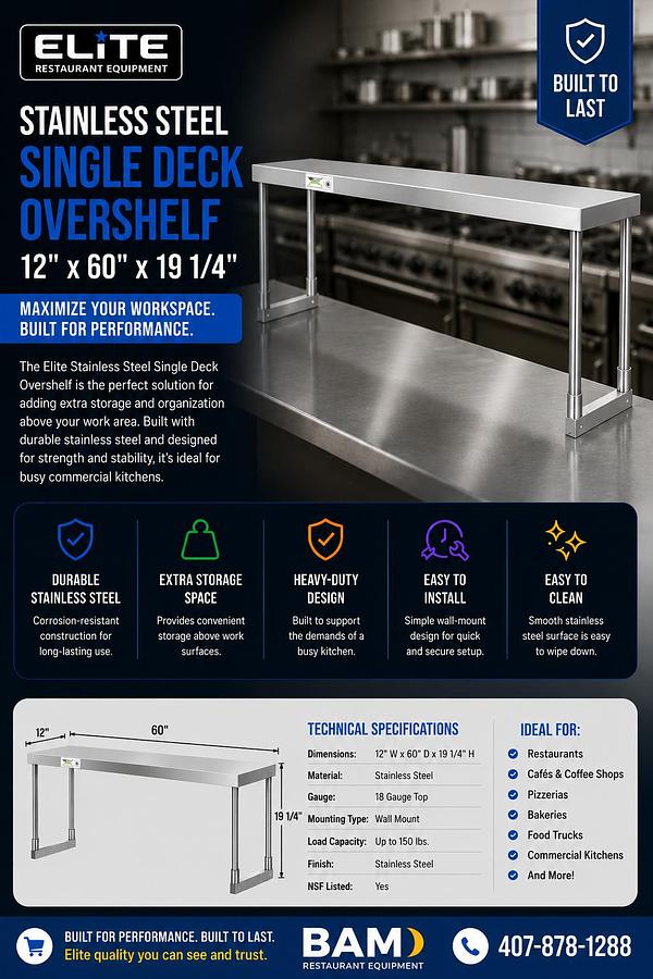 Elite Stainless Steel Single Deck Overshelf - 12" x 60" x 19 1/4"