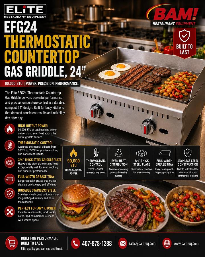 ELITE ETFG-24 Thermostatic Countertop Gas Griddle, " | 90,000 BTU