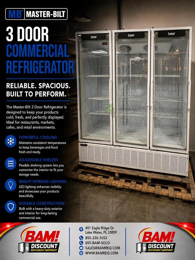 Refurbished Master-Bilt 3 Door Glass Merchandiser Commercial Refrigerator Cooler 115V