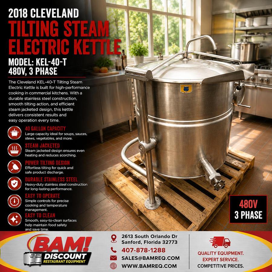 Used 2018 Cleveland KEL-40-T 40 Gallon Electric Tilting Steam Kettle 480V 3 Phase