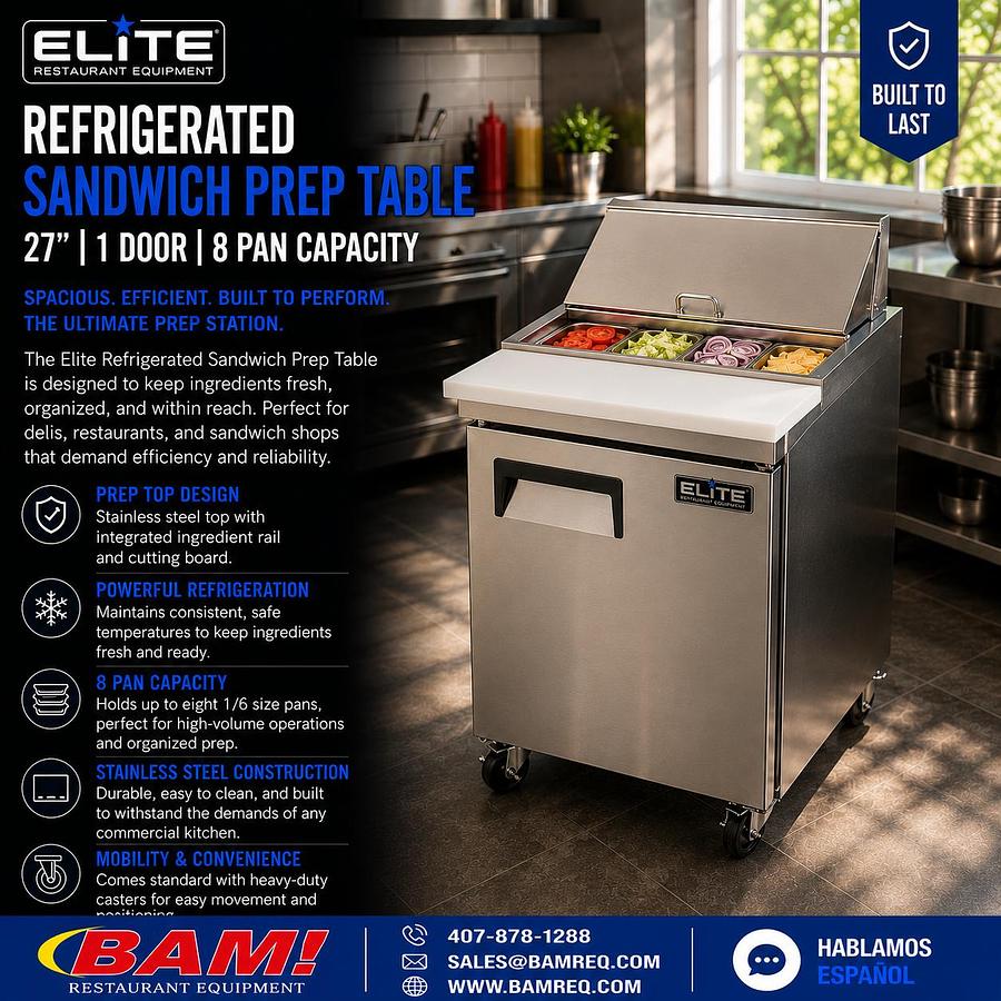 Elite 27" Refrigerated Sandwich Prep Table – 1 Door Commercial Prep Refrigerator